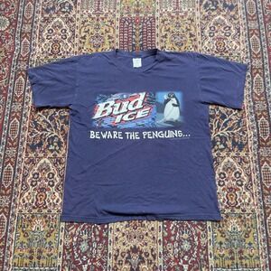 VTG 1996 Bud Ice Beware the Penguins T-Shirt Wild Oats Navy XL Brand Promo USA